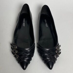 Nine West Black LEATHER Ultra STRAPPY Buckle Pointy Toe Flats - 6.5